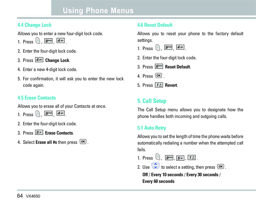 LG Electronics VX 4650 manual Call Setup, Change Lock, Erase Contacts, Reset Default, Auto Retry 