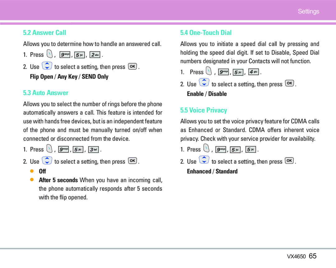 LG Electronics VX 4650 manual Answer Call, Auto Answer, One-Touch Dial, Voice Privacy, Off 