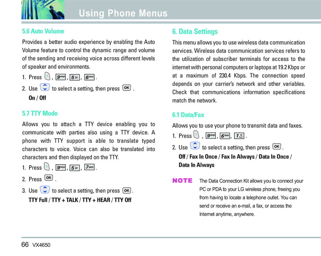 LG Electronics VX 4650 manual Data Settings, Auto Volume, TTY Mode, Data/Fax, Data In Always 