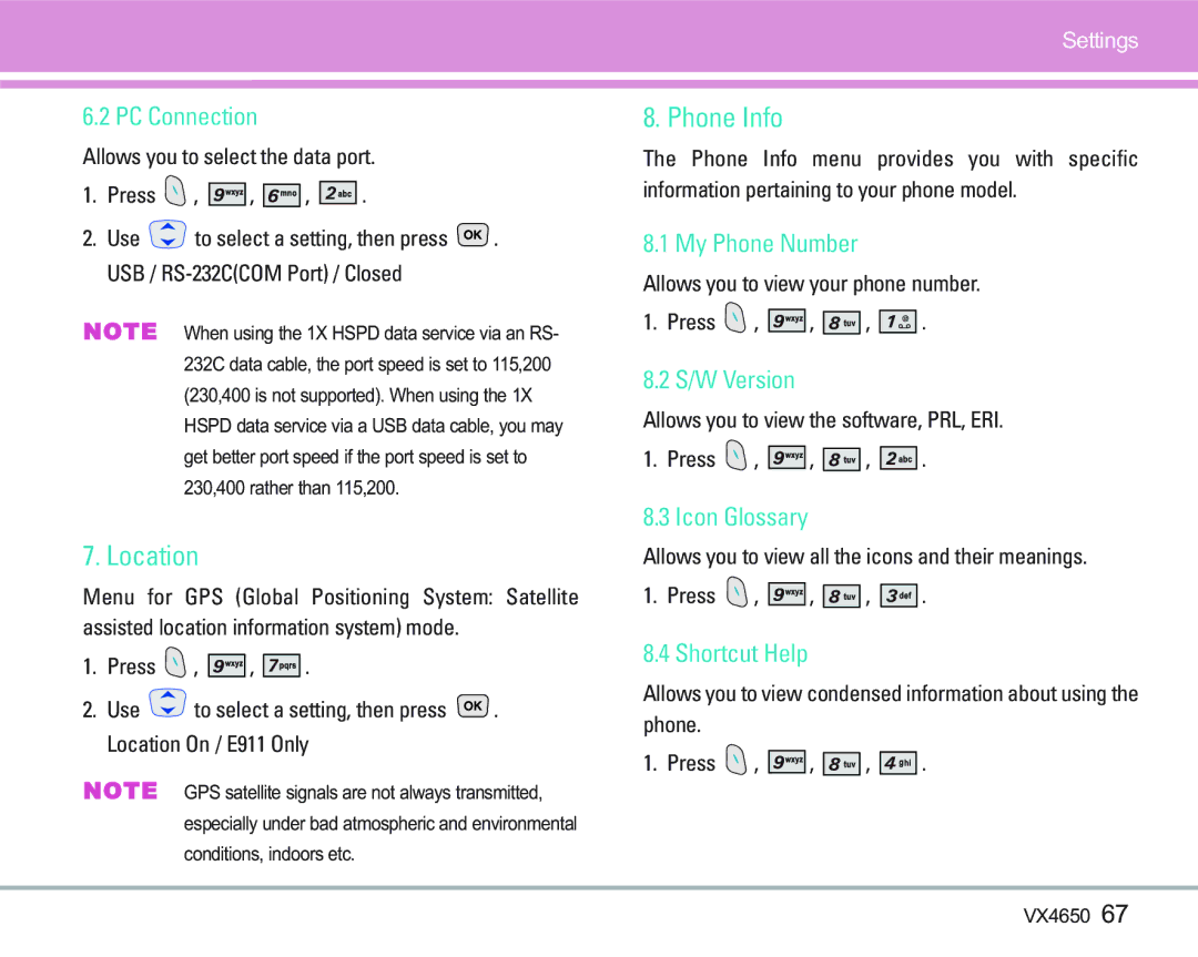 LG Electronics VX 4650 manual Location, Phone Info 