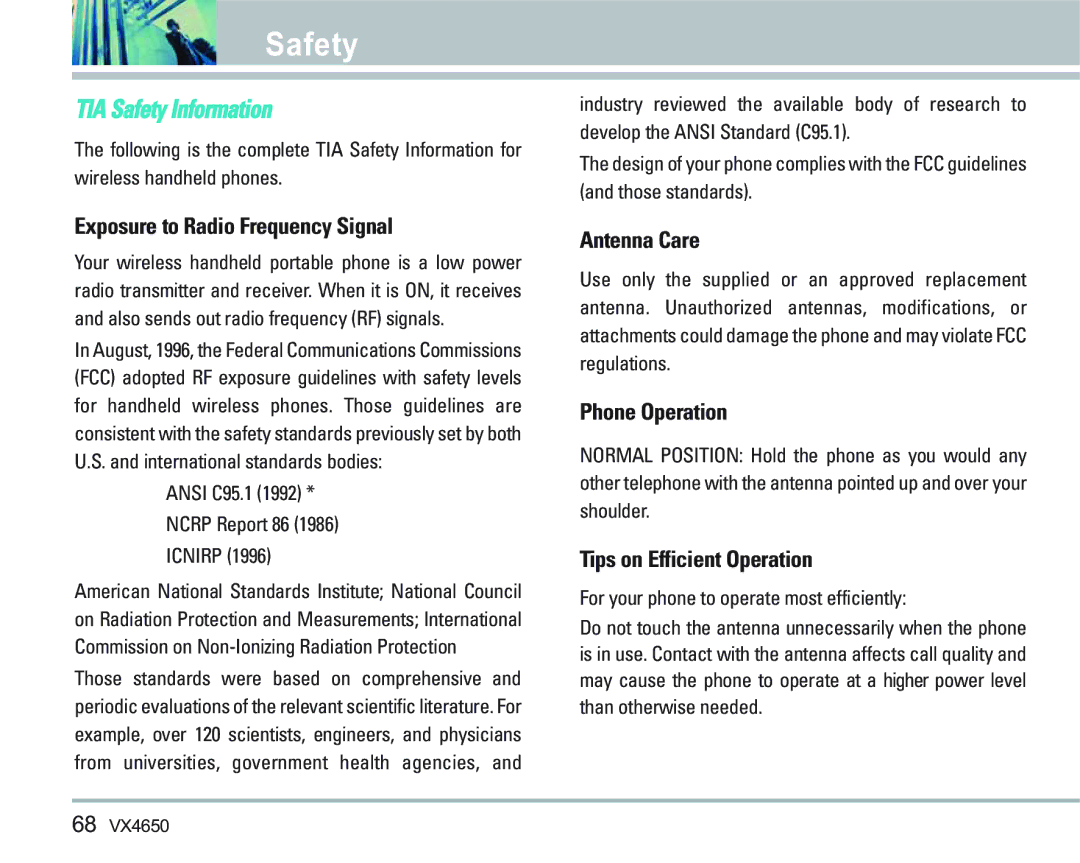 LG Electronics VX 4650 manual Safety, Exposure to Radio Frequency Signal, Antenna Care, Phone Operation 