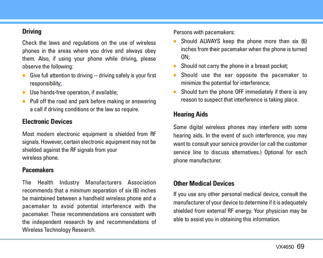 LG Electronics VX 4650 manual Driving, Electronic Devices, Pacemakers, Hearing Aids, Other Medical Devices 