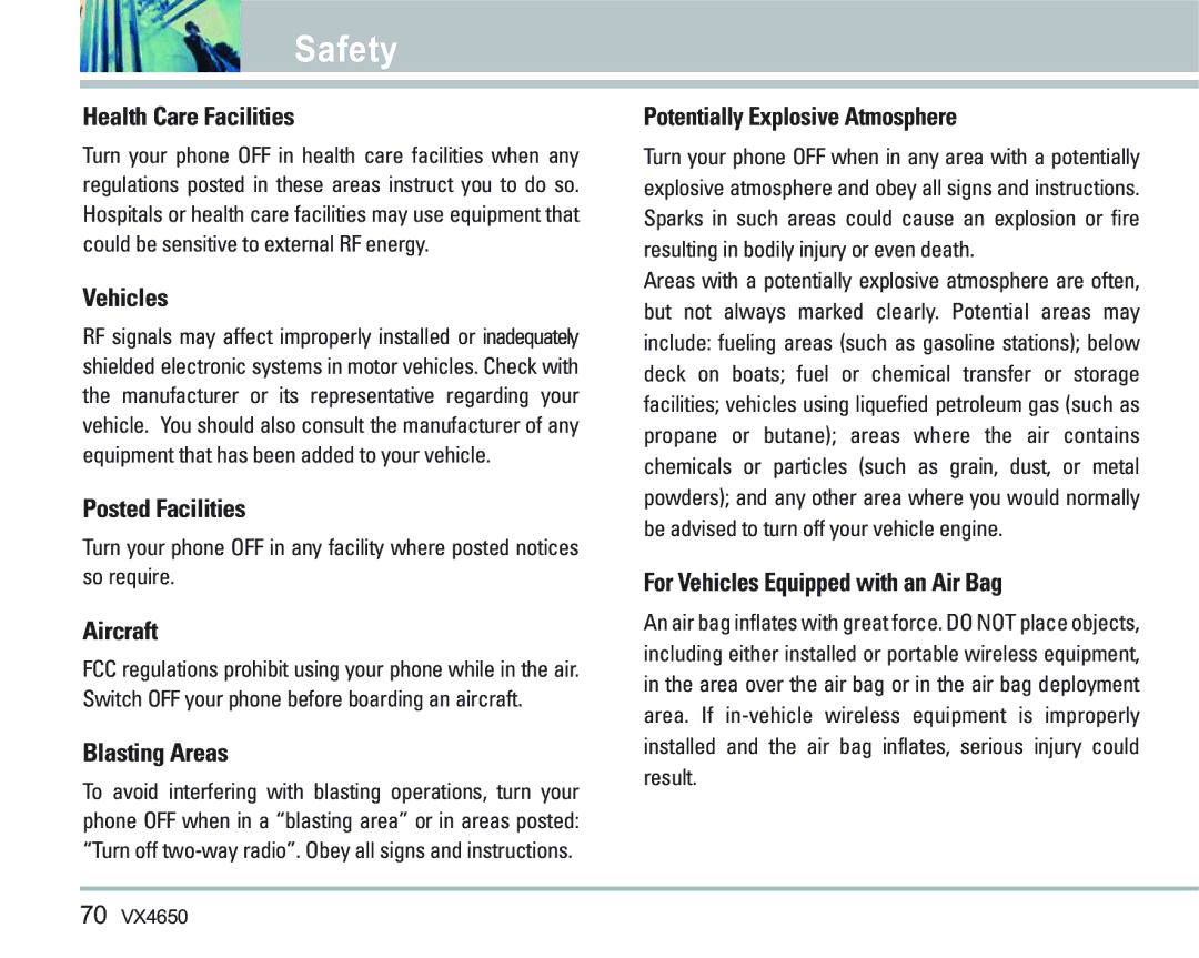 LG Electronics VX 4650 manual Health Care Facilities, Vehicles, Posted Facilities, Aircraft, Blasting Areas 