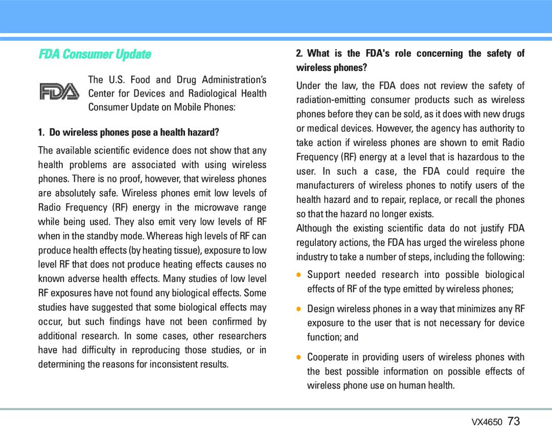 LG Electronics VX 4650 manual FDA Consumer Update, Do wireless phones pose a health hazard? 