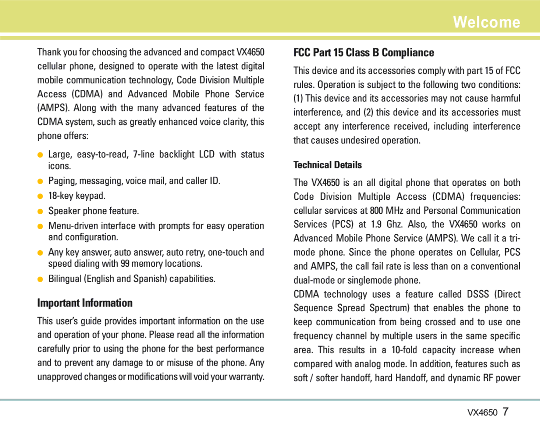 LG Electronics VX 4650 manual Welcome, Important Information, FCC Part 15 Class B Compliance, Technical Details 