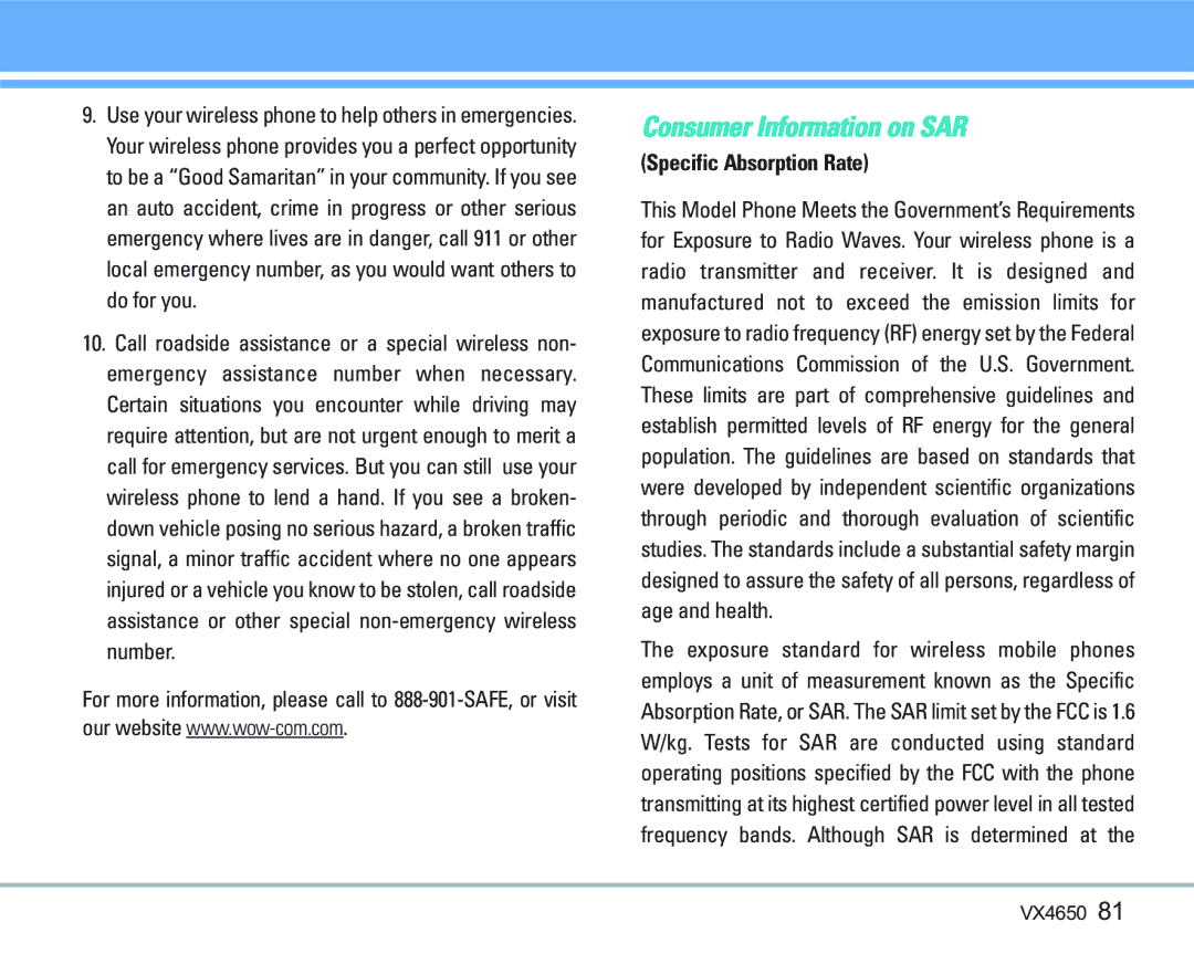 LG Electronics VX 4650 manual Consumer Information on SAR, Specific Absorption Rate 