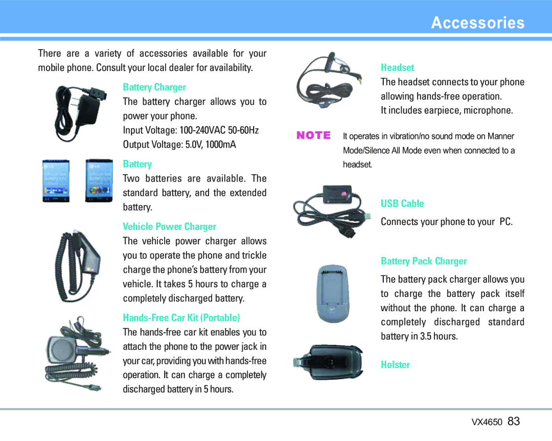 LG Electronics VX 4650 manual Accessories 