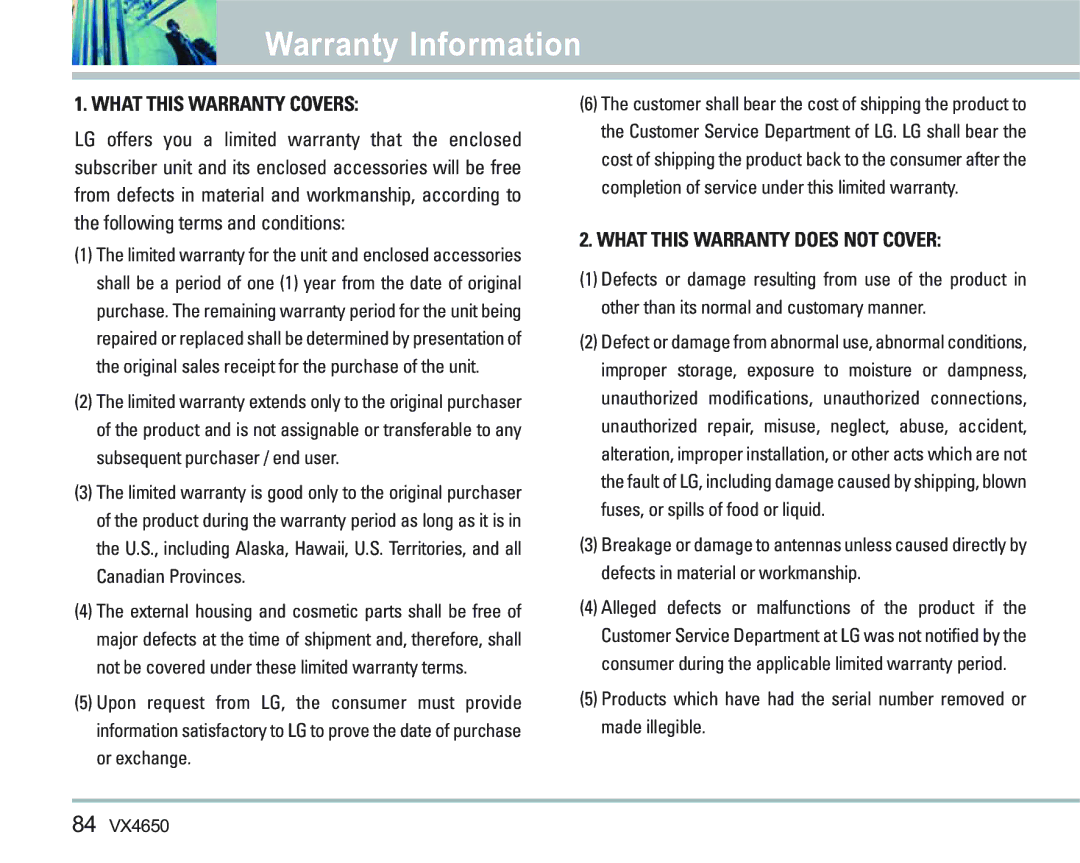 LG Electronics VX 4650 manual Warranty Information, What this Warranty Covers 