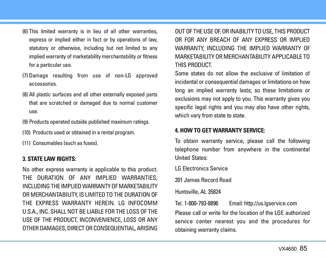 LG Electronics VX 4650 manual State LAW Rights 