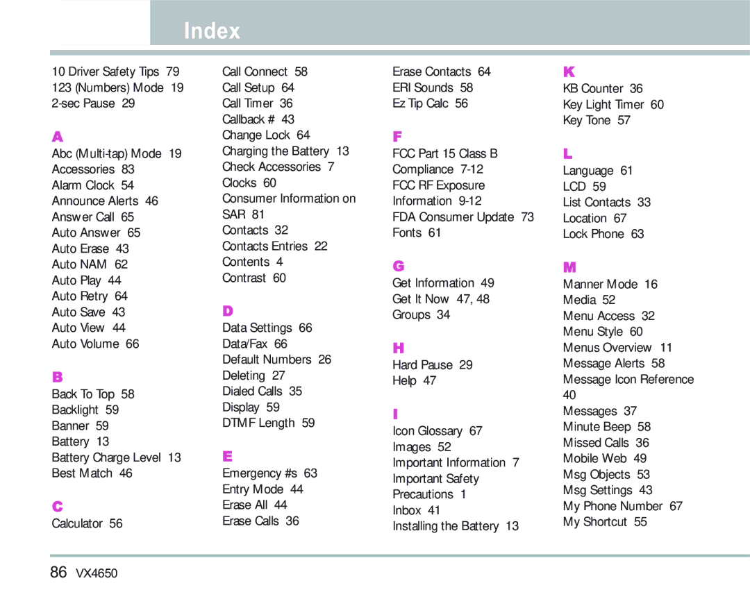 LG Electronics VX 4650 manual Index 