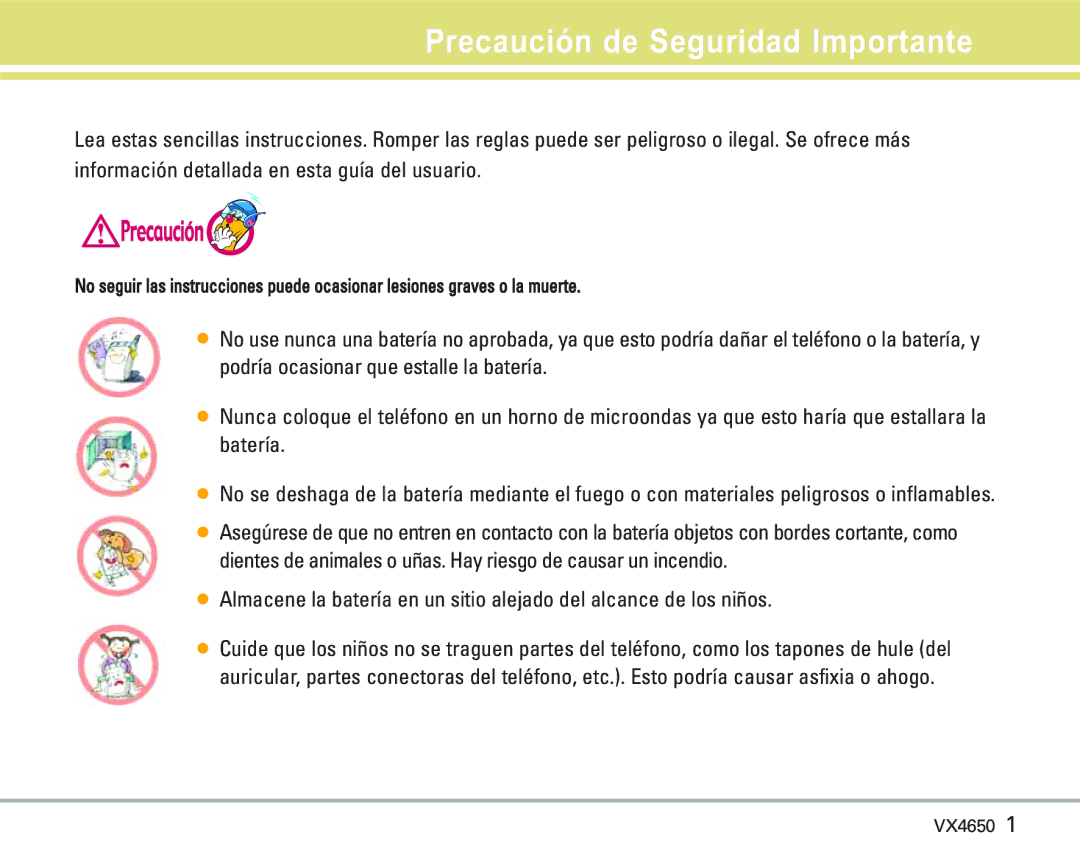 LG Electronics VX 4650 manual Precaución de Seguridad Importante 