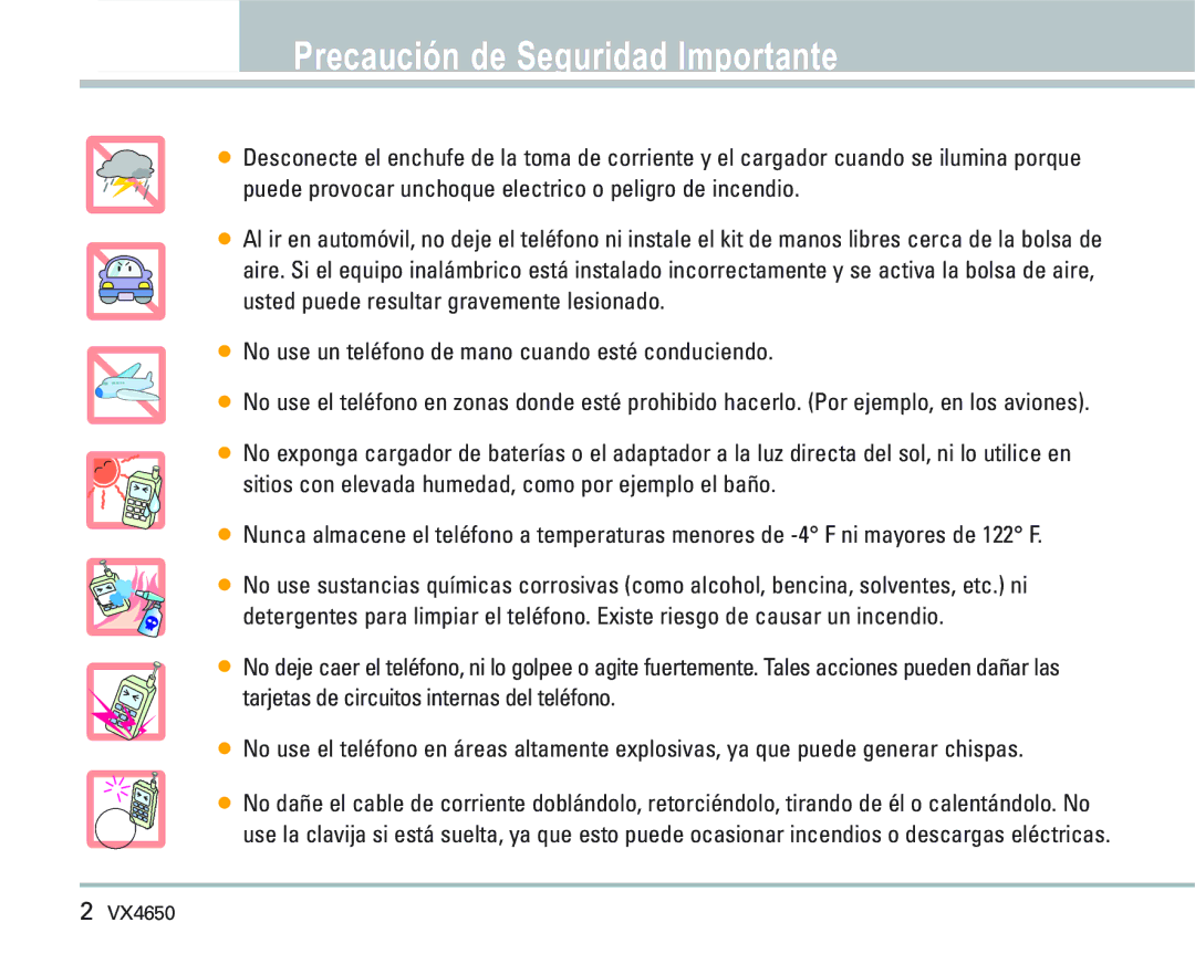 LG Electronics VX 4650 manual Precaución de Seguridad Importante 