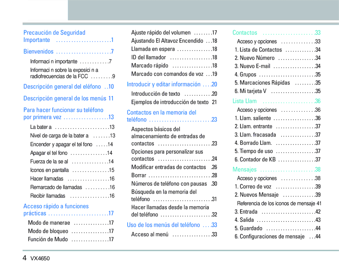 LG Electronics VX 4650 manual Descripción general de los menús 