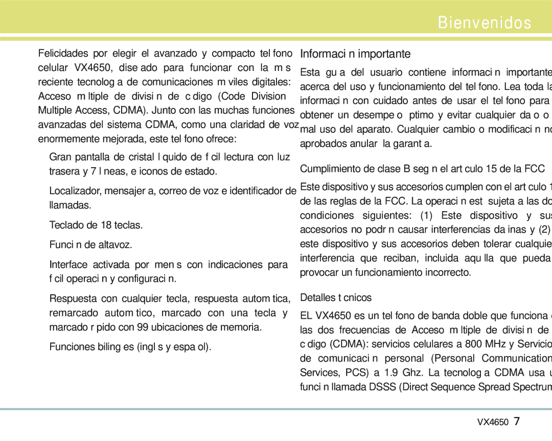 LG Electronics VX 4650 manual Bienvenidos, Información importante, Funciones bilingües inglés y español, Detalles técnicos 