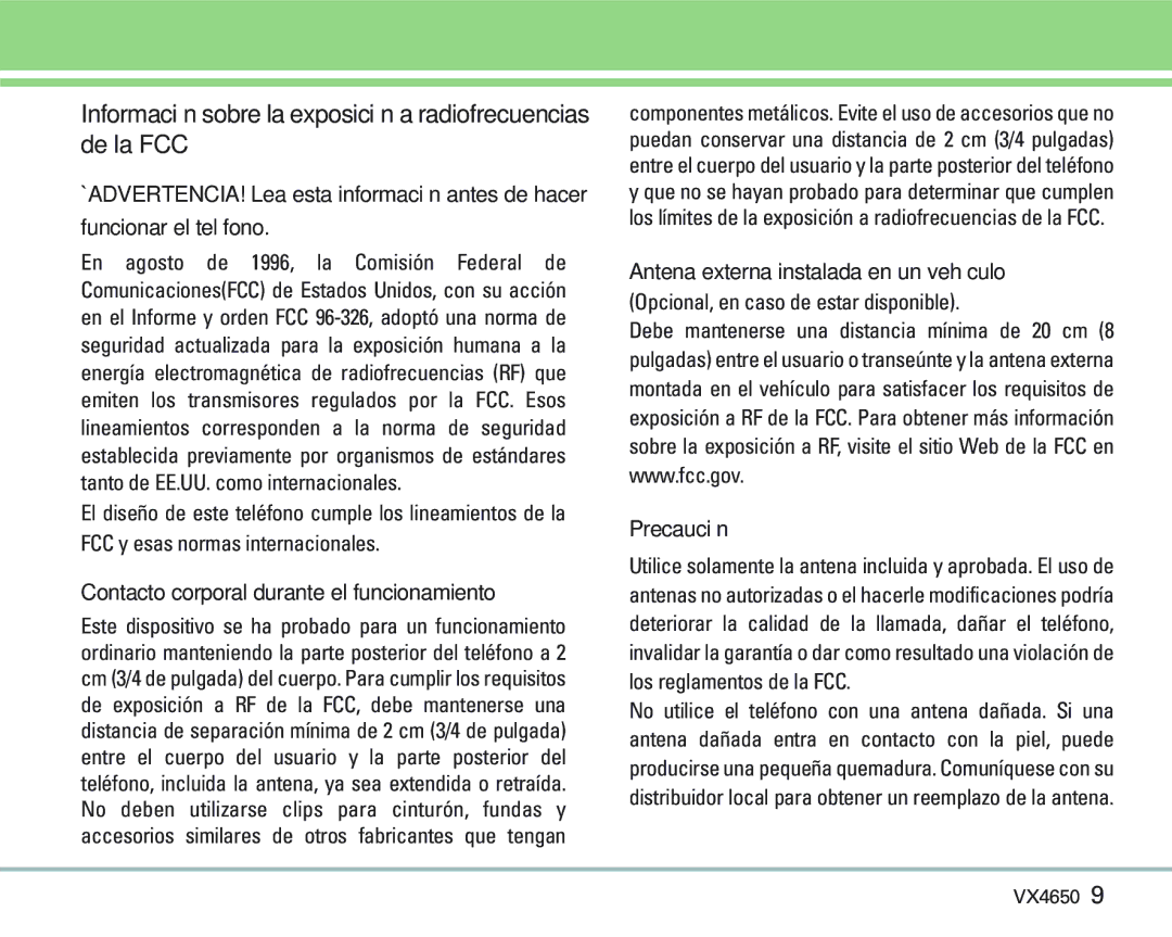 LG Electronics VX 4650 manual Funcionar el teléfono, Contacto corporal durante el funcionamiento, Precaución 