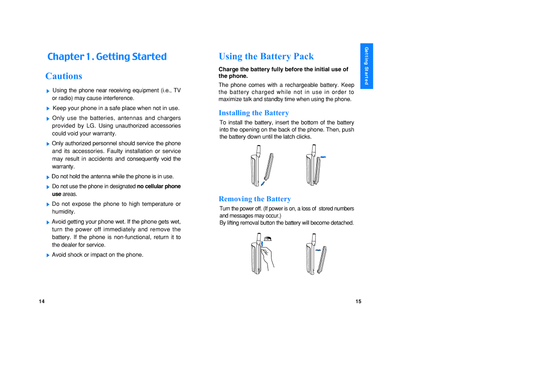 LG Electronics VX1 manual Using the Battery Pack, Installing the Battery, Removing the Battery 