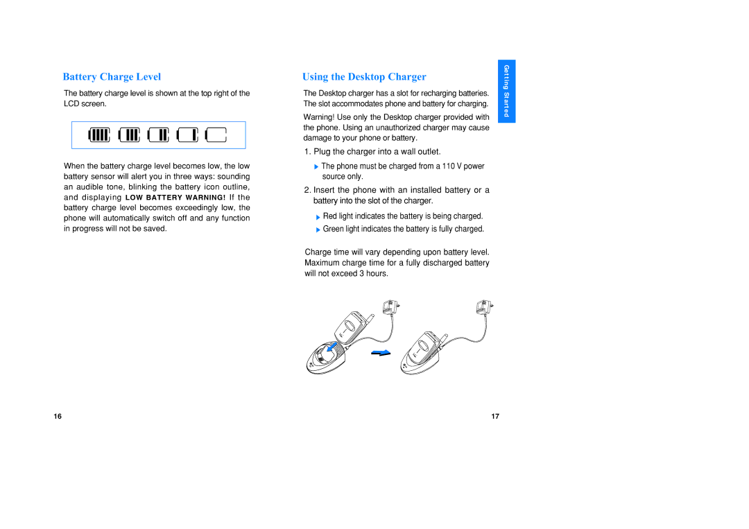 LG Electronics VX1 manual Battery Charge Level, Using the Desktop Charger 