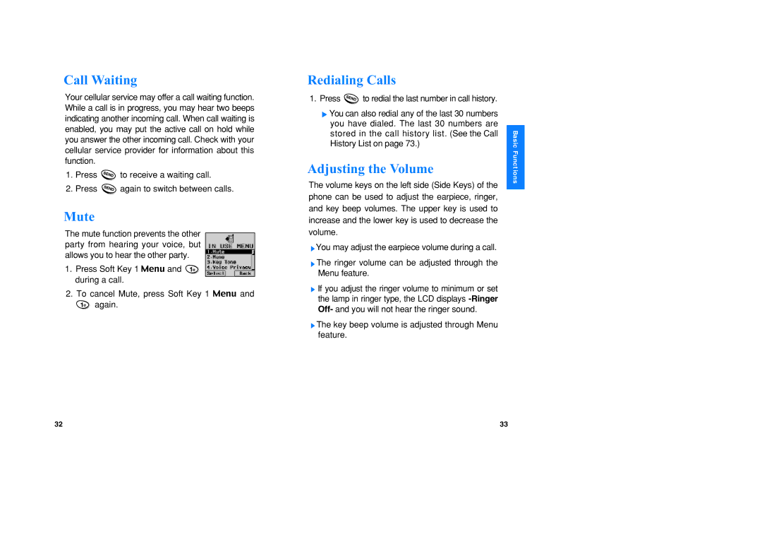 LG Electronics VX1 manual Call Waiting, Press to redial the last number in call history 