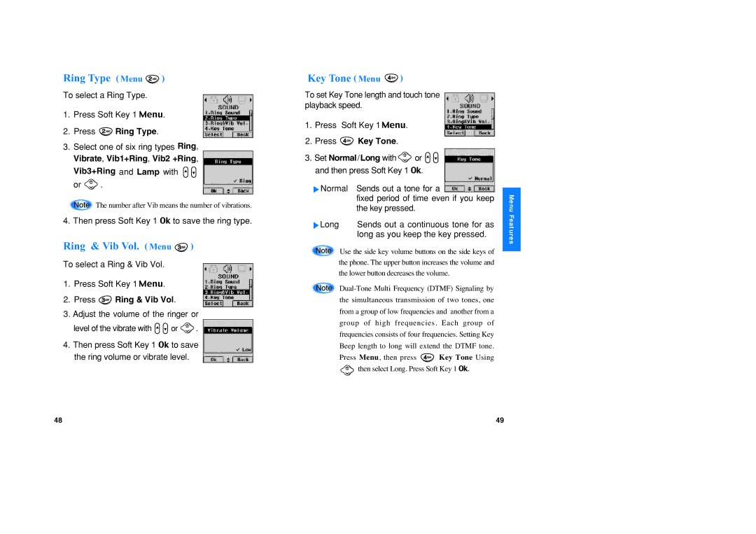 LG Electronics VX1 manual Ring Type Menu, Ring & Vib Vol. Menu, Key Tone Menu 