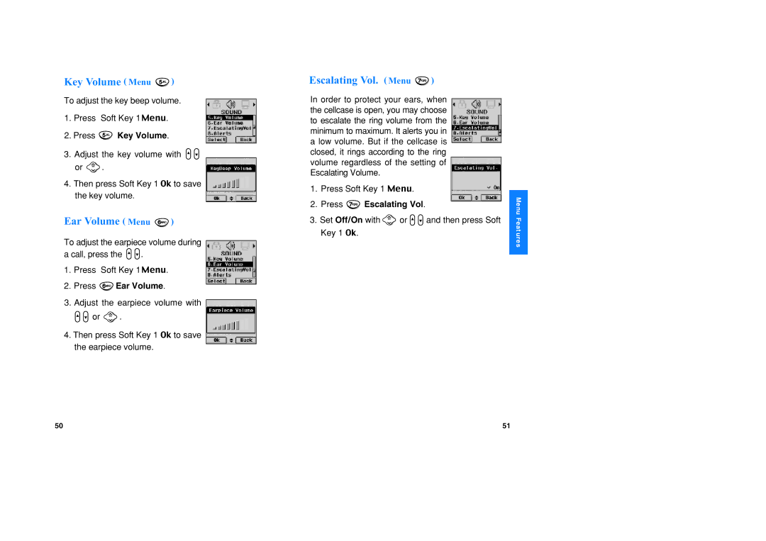 LG Electronics VX1 manual Key Volume Menu, Ear Volume Menu, Escalating Vol. Menu 