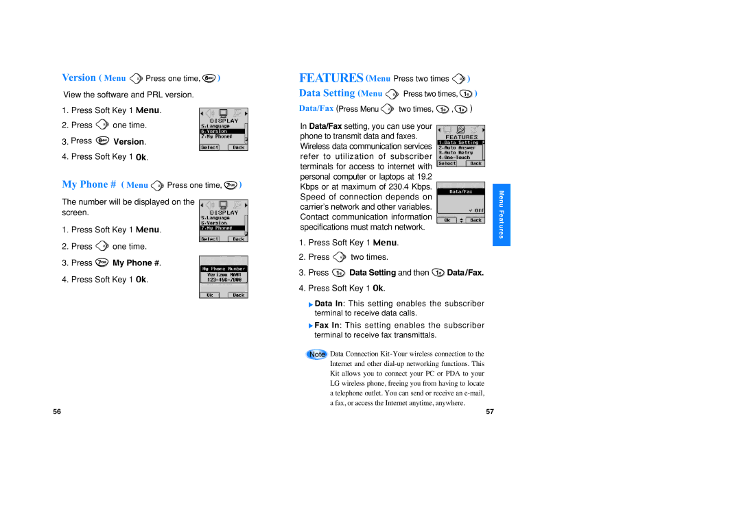 LG Electronics VX1 Press Version, Press My Phone #, Press Data Setting and then Data/Fax, Version Menu Press one time 