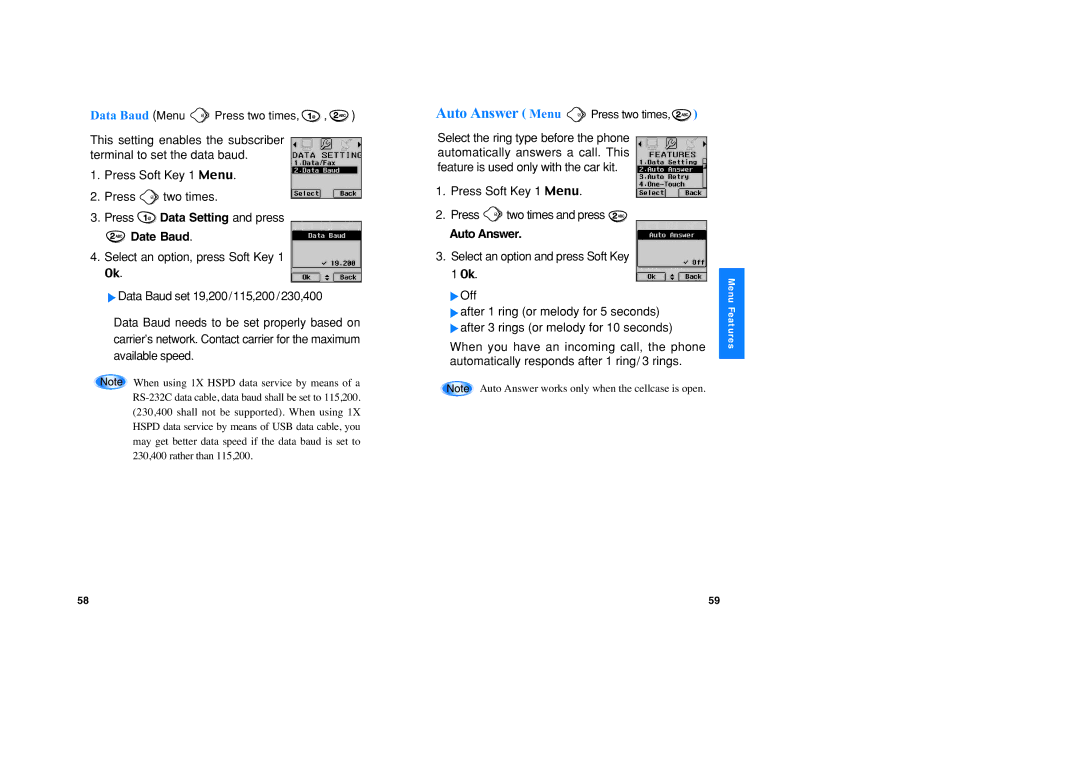 LG Electronics VX1 manual Date Baud, Auto Answer, Data Baud Menu Press two times, Select an option and press Soft Key 