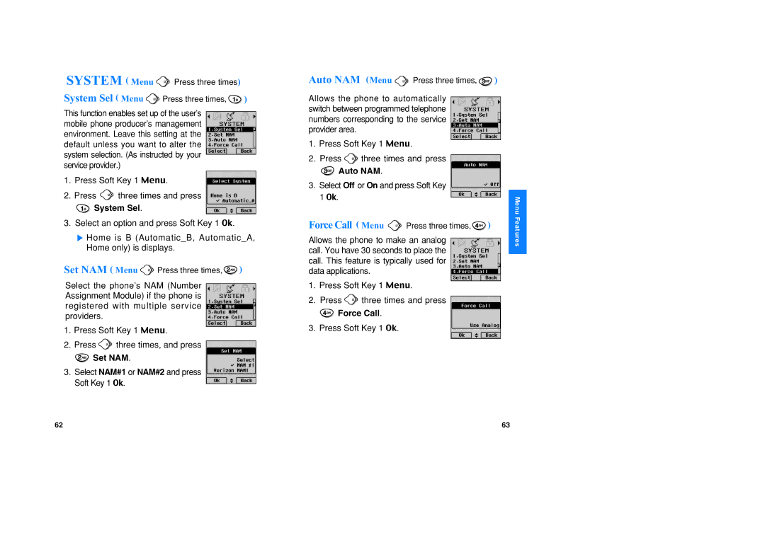 LG Electronics VX1 manual System Sel, Auto NAM, Force Call, Set NAM Menu Press three times 