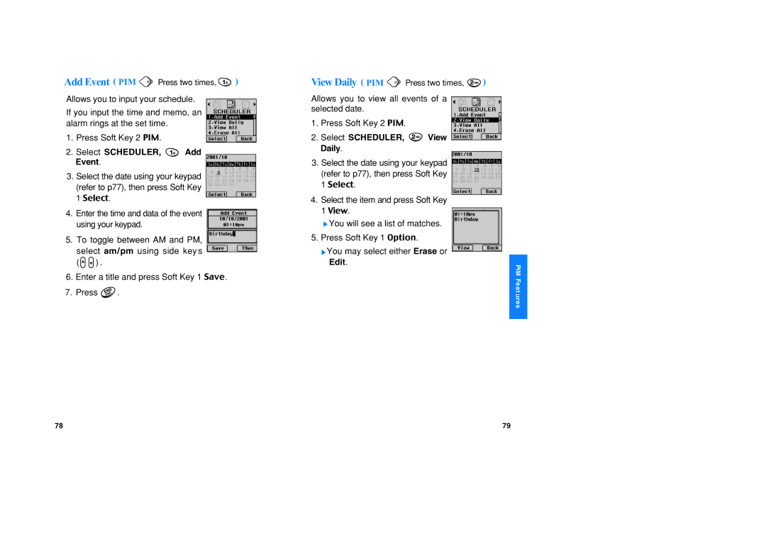 LG Electronics VX1 manual View Daily PIM, Select SCHEDULER, Add Event, Select SCHEDULER, View Daily 