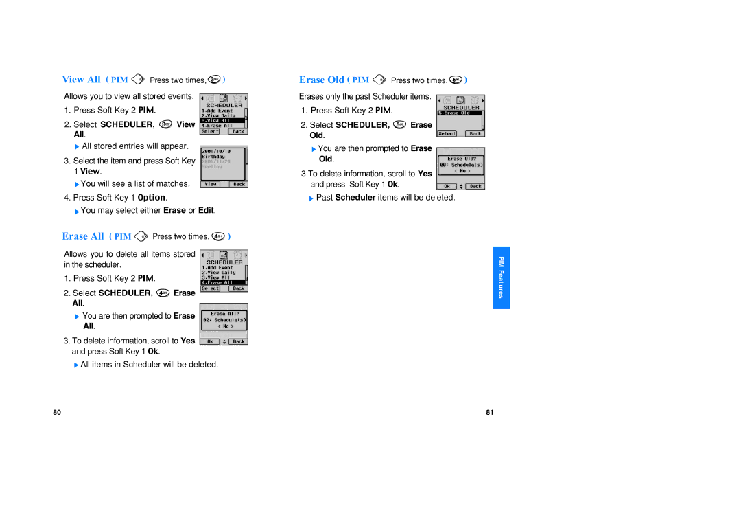 LG Electronics VX1 Erase Old PIM, Select SCHEDULER, View All, Select SCHEDULER, Erase All, Select SCHEDULER, Erase Old 