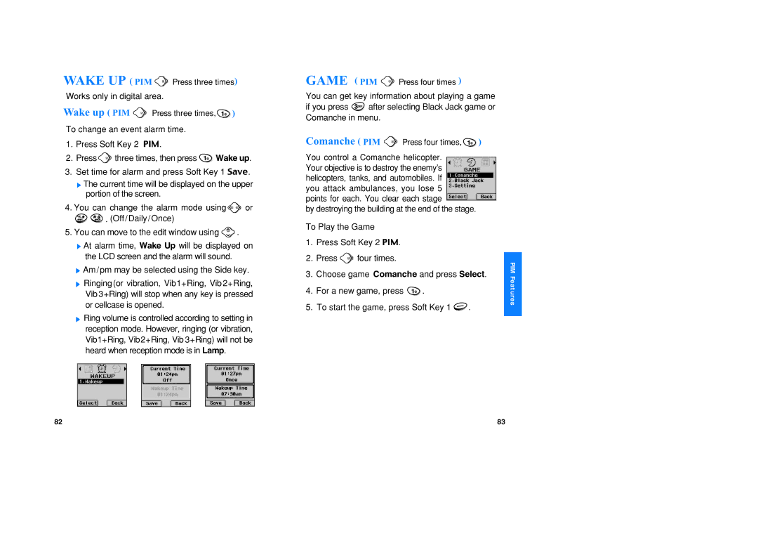 LG Electronics VX1 manual Wake UP PIM Press three times, Game PIM Press four times, Comanche PIM Press four times 