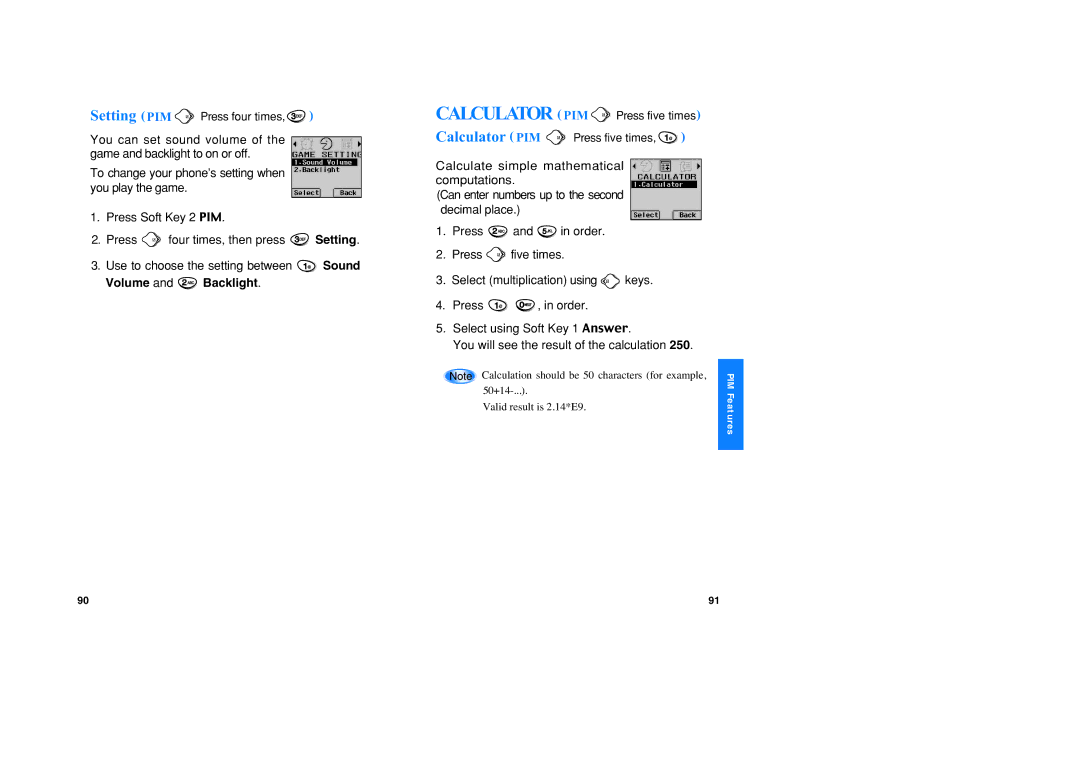 LG Electronics VX1 manual Volume and Backlight, Setting PIM Press four times, Calculator PIM Press five times 