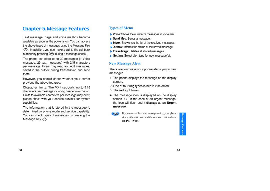 LG Electronics VX1 manual Types of Menu, New Message Alert, Number by pressing during a message check 