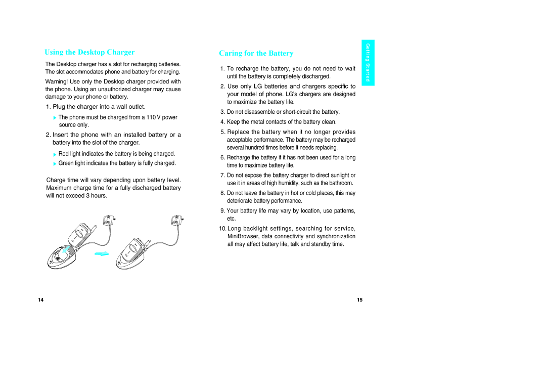 LG Electronics VX10 manual Using the Desktop Charger, Caring for the Battery 