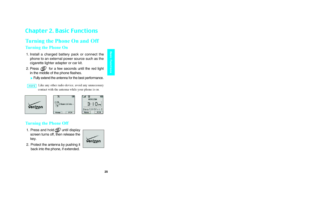 LG Electronics VX10 manual Basic Functions, Turning the Phone On and Off, Turning the Phone Off 