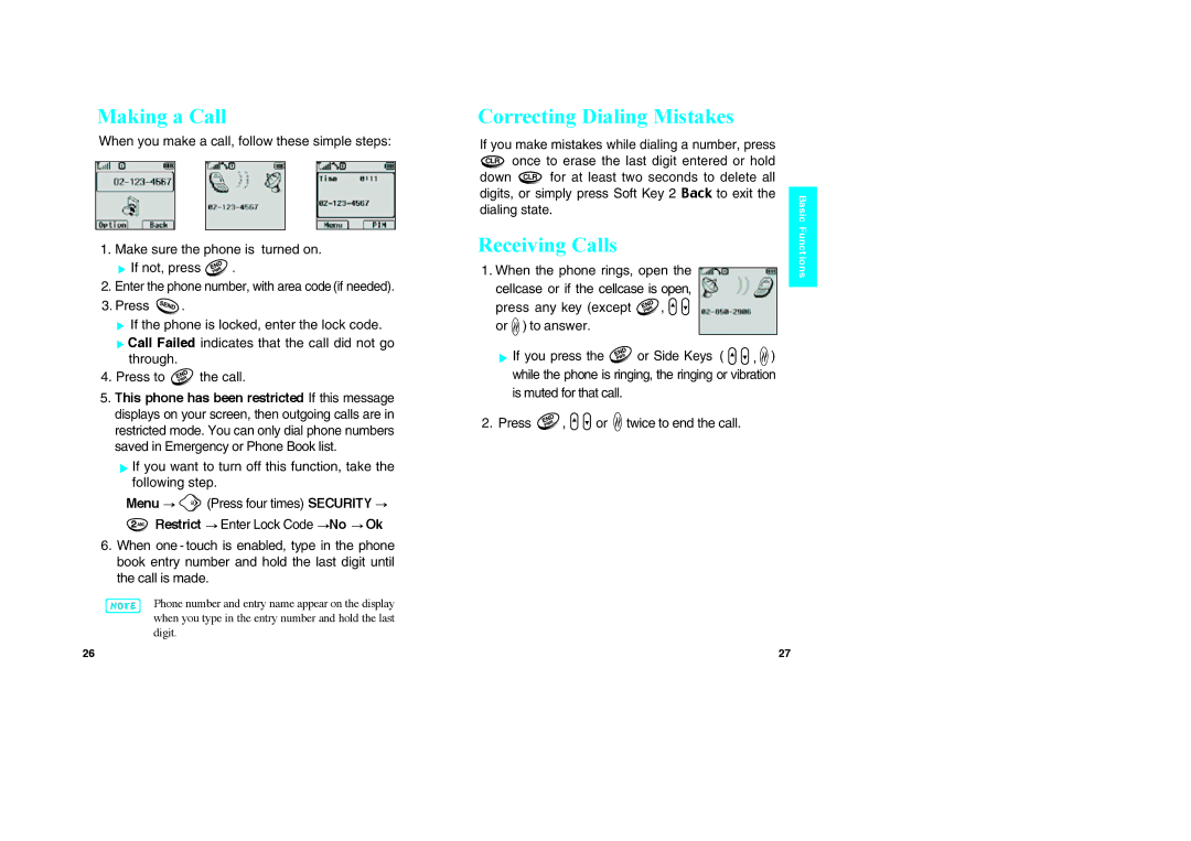 LG Electronics VX10 manual Making a Call, Correcting Dialing Mistakes, Receiving Calls, Is muted for that call 