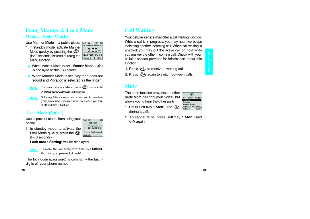 LG Electronics VX10 manual Using Manner & Lock Mode, Call Waiting, Mute, Manner Mode Quick, Lock Mode Quick 