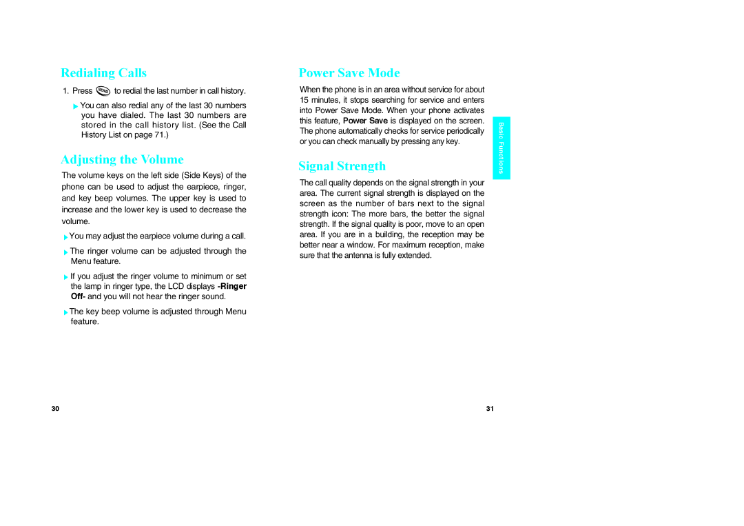 LG Electronics VX10 manual Redialing Calls, Adjusting the Volume, Power Save Mode, Signal Strength 
