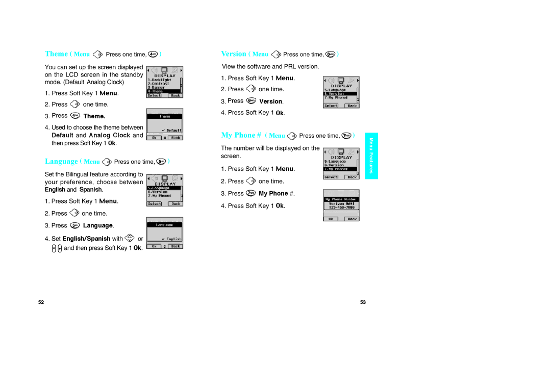 LG Electronics VX10 manual Press Theme, Press Language Set English/Spanish with or, Press Version, Press My Phone # 