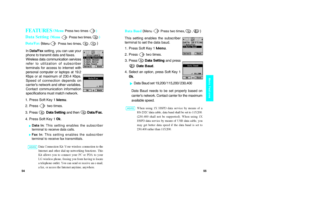 LG Electronics VX10 manual Press Data Setting and then Data/Fax, Date Baud, Data Baud Menu Press two times, Available speed 