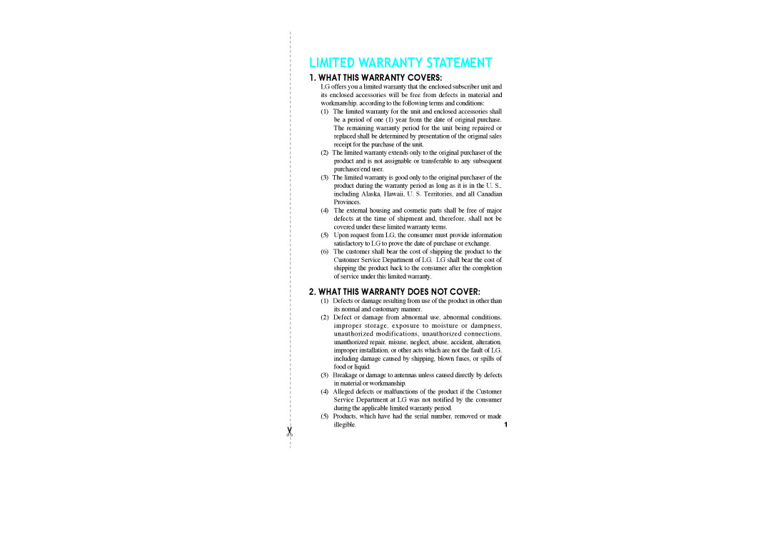 LG Electronics VX10 manual Limited Warranty Statement 