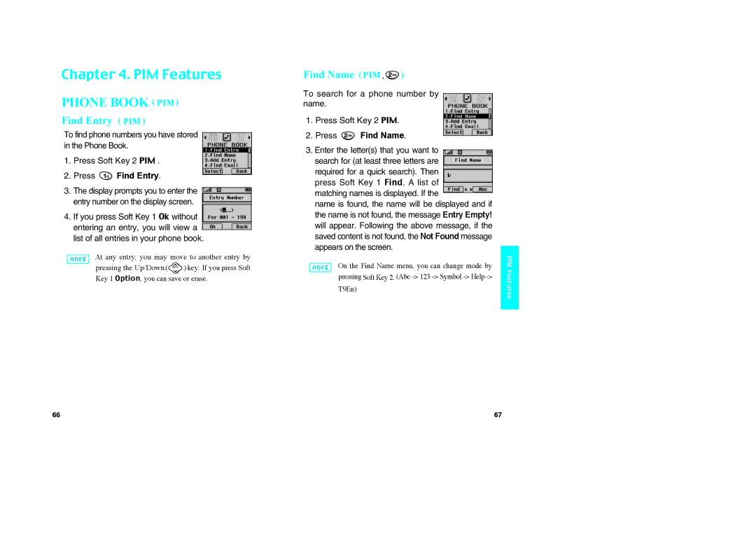 LG Electronics VX10 manual PIM Features, Find Entry PIM, Find Name PIM, Press Find Entry 