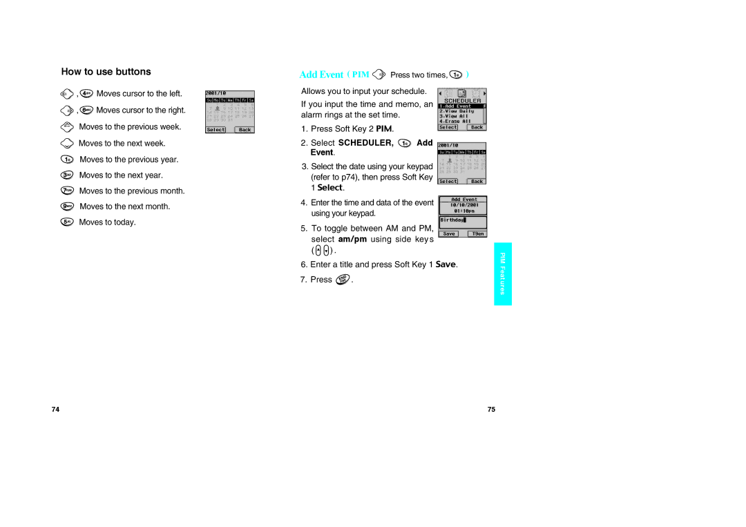 LG Electronics VX10 manual Select SCHEDULER, Add Event, Enter the time and data of the event using your keypad 