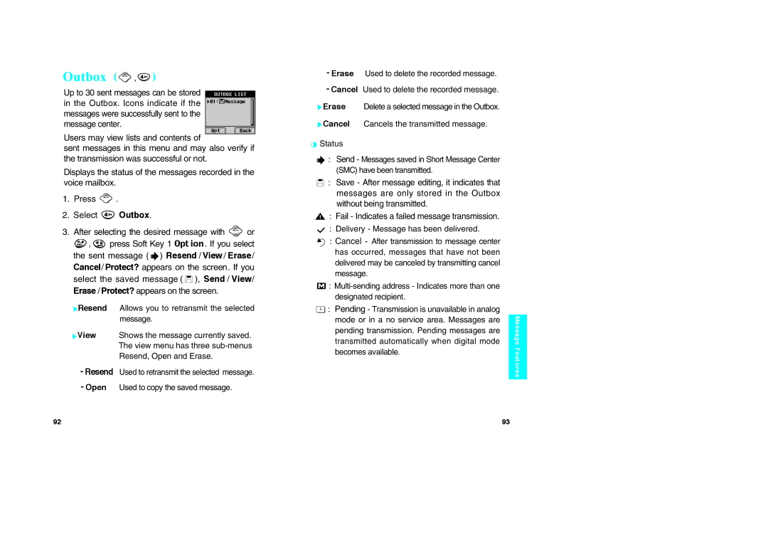 LG Electronics VX10 manual Outbox, Allows you to retransmit the selected message, Used to copy the saved message 