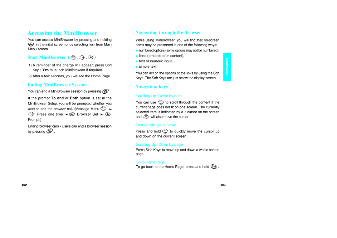 LG Electronics VX10 manual Accessing the MiniBrowser, Start MiniBrowser, Ending MiniBrowser Session, Navigation keys 