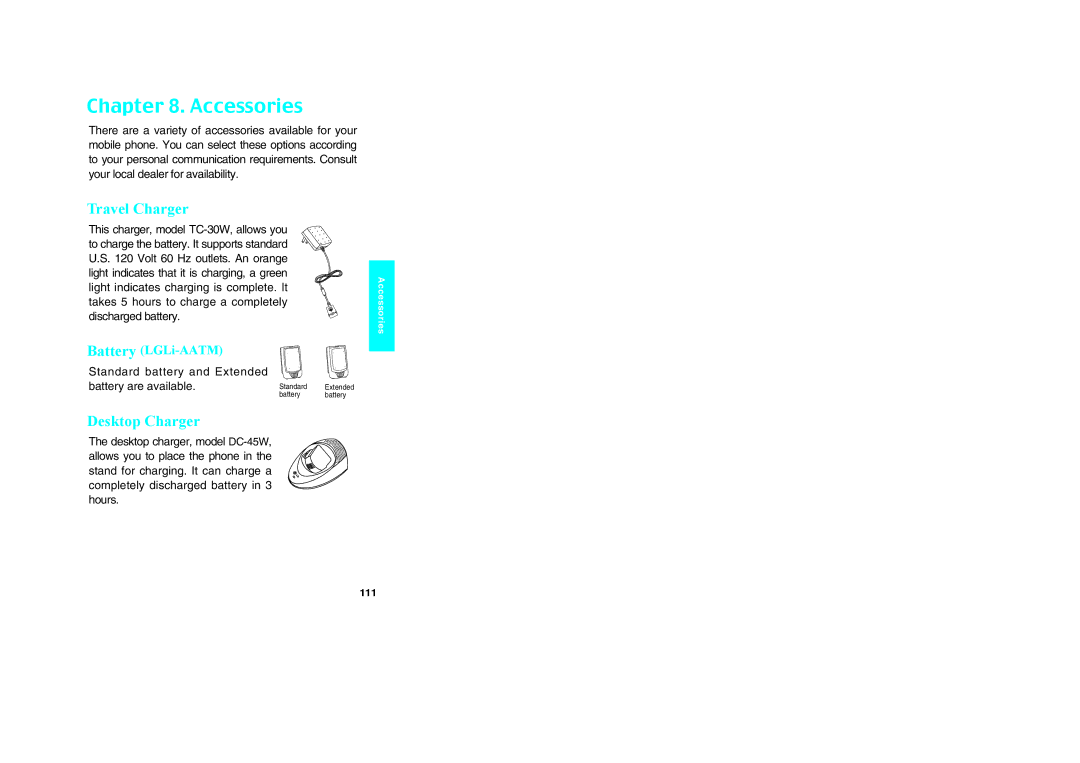 LG Electronics VX10 Accessories, Travel Charger, Desktop Charger, Standard battery and Extended battery are available 