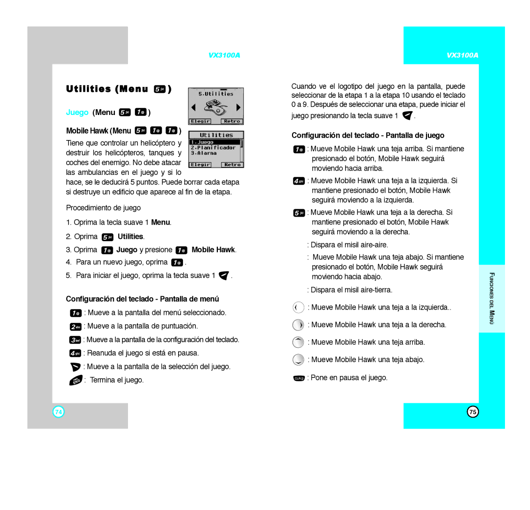 LG Electronics VX3100A manual Juego Menu, Mobile Hawk Menu, Oprima Utilities, Configuración del teclado Pantalla de menú 