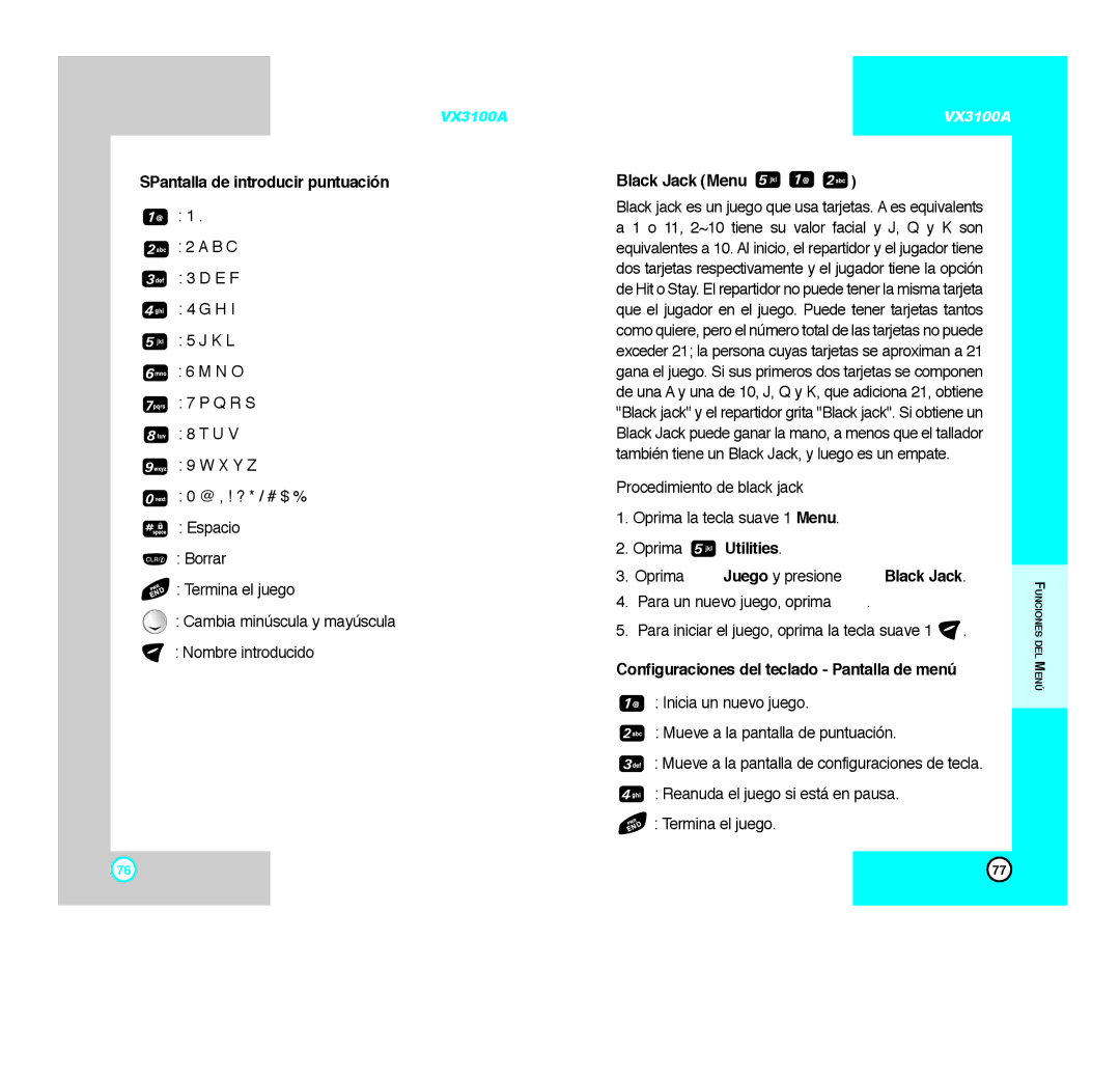 LG Electronics VX3100A manual SPantalla de introducir puntuación, Configuraciones del teclado Pantalla de menú 