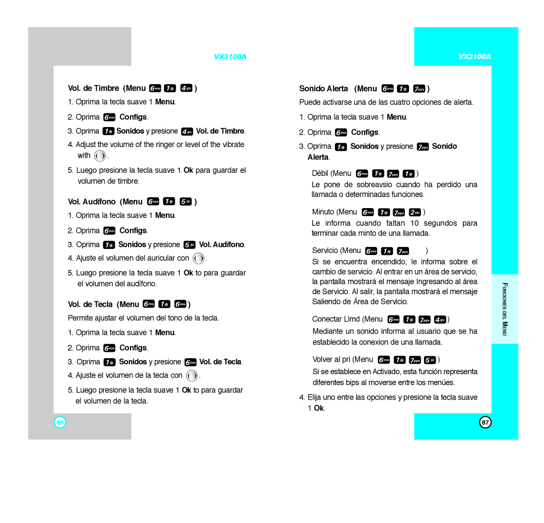 LG Electronics VX3100A manual Vol. de Timbre Menu, Vol. Audífono Menu, Vol. de Tecla Menu 