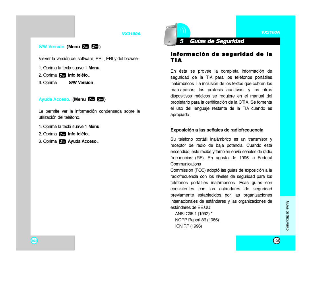 LG Electronics VX3100A manual Guías de Seguridad, Información de seguridad de la, Versión Menu, Ayuda Acceso. Menu 