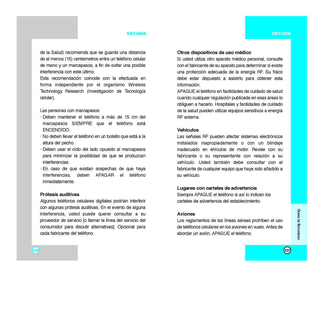 LG Electronics VX3100A manual Prótesis auditivas, Otros dispositivos de uso médico, Vehículos, Aviones 